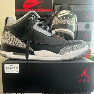AJ 3 Black Cement Size 10.5 shoes are worn. In excellent condition